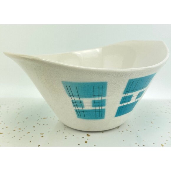 Vintage 1950s Primastone Danube bowl, teal, cream, grey, MCM decor - Picture 7 of 10